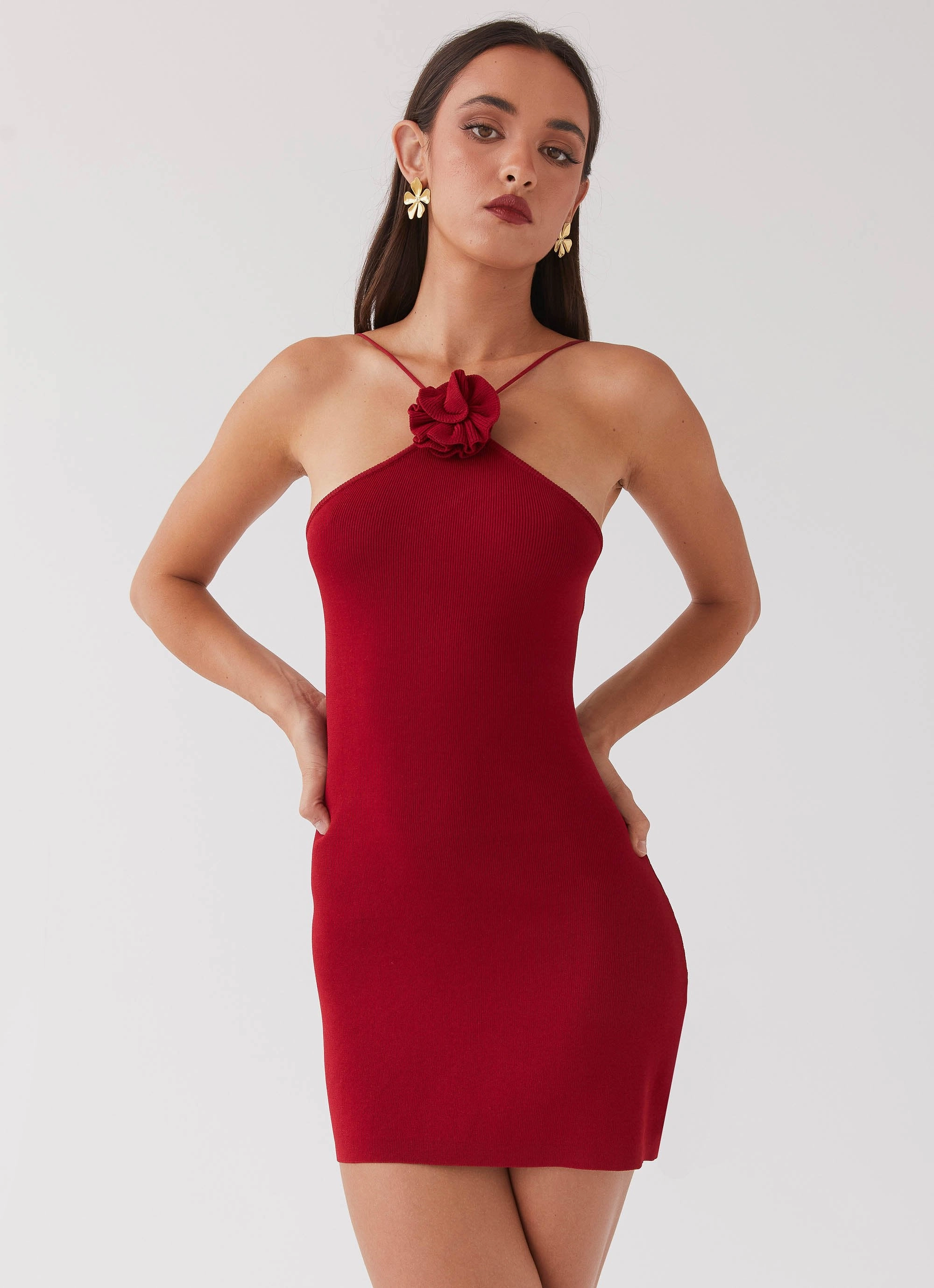 Delphi Rose Knit Mini Dress - Rouge Red Elegant Appearance Glamorous look