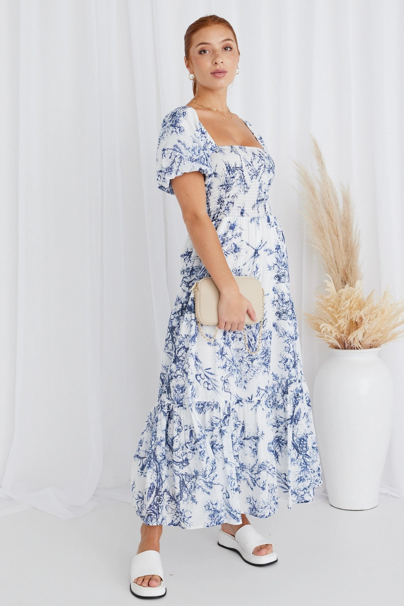 Beachwear Raven Blue Porcelain Print Puff Sleeve Tiered Maxi Dress