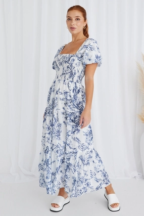 Flawless Waistband Fit Day Love Raven Blue Porcelain Print Puff Sleeve Tiered Maxi Dress