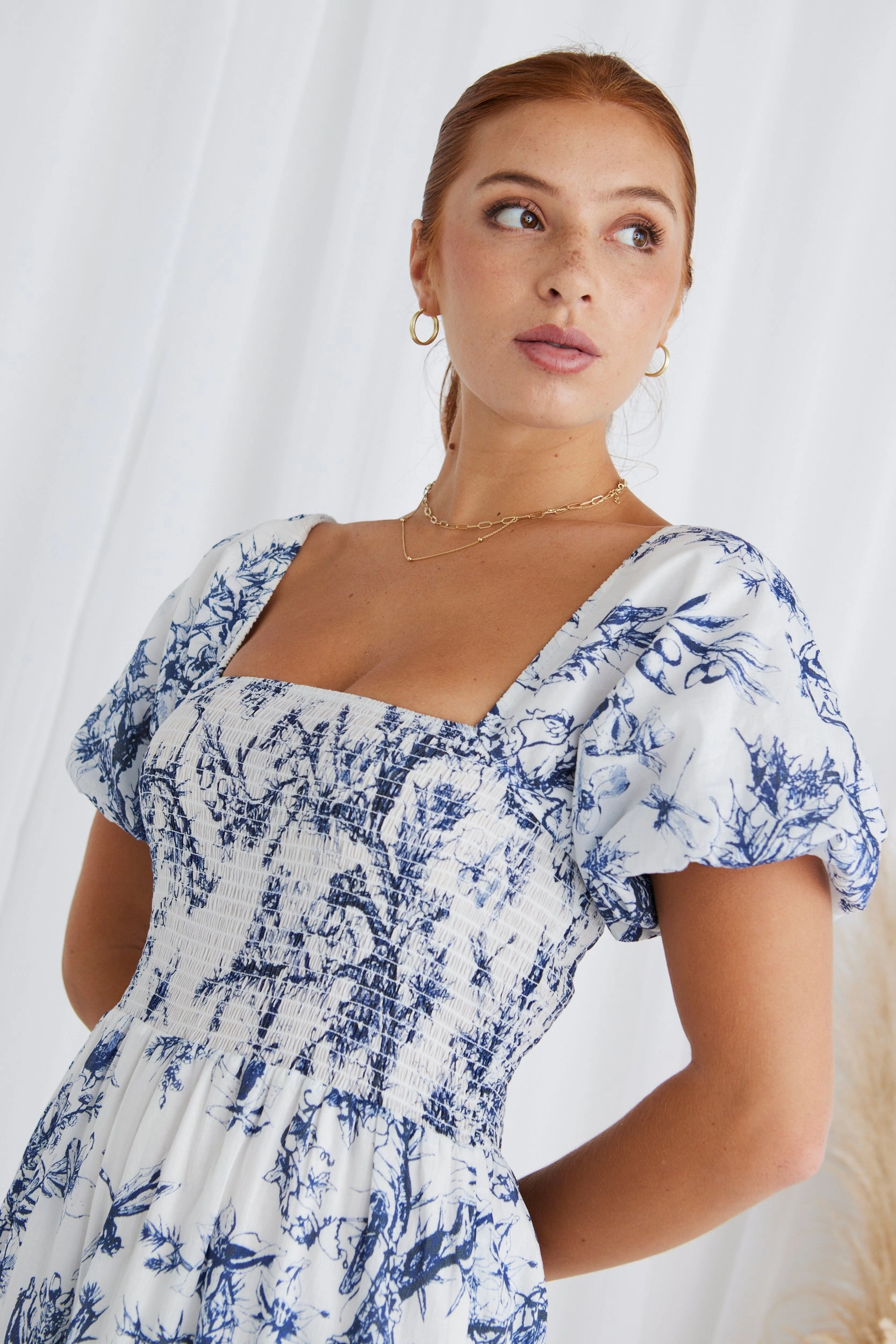 Modest Look Raven Blue Porcelain Print Puff Sleeve Tiered Maxi Dress