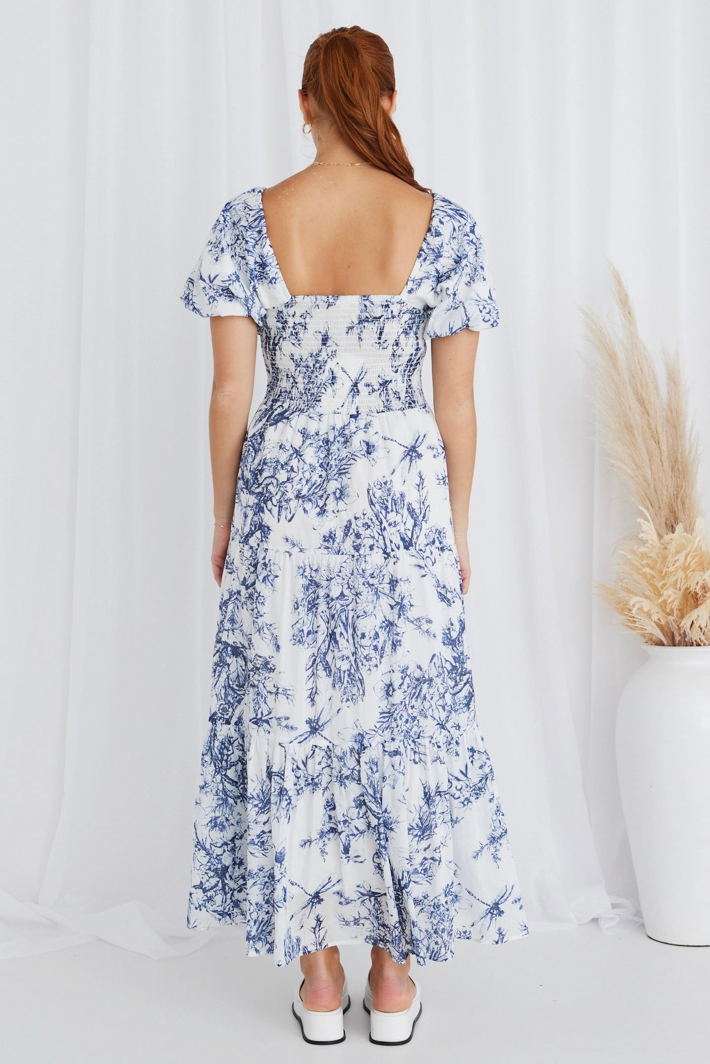 Light Weave Raven Blue Porcelain Print Puff Sleeve Tiered Maxi Dress