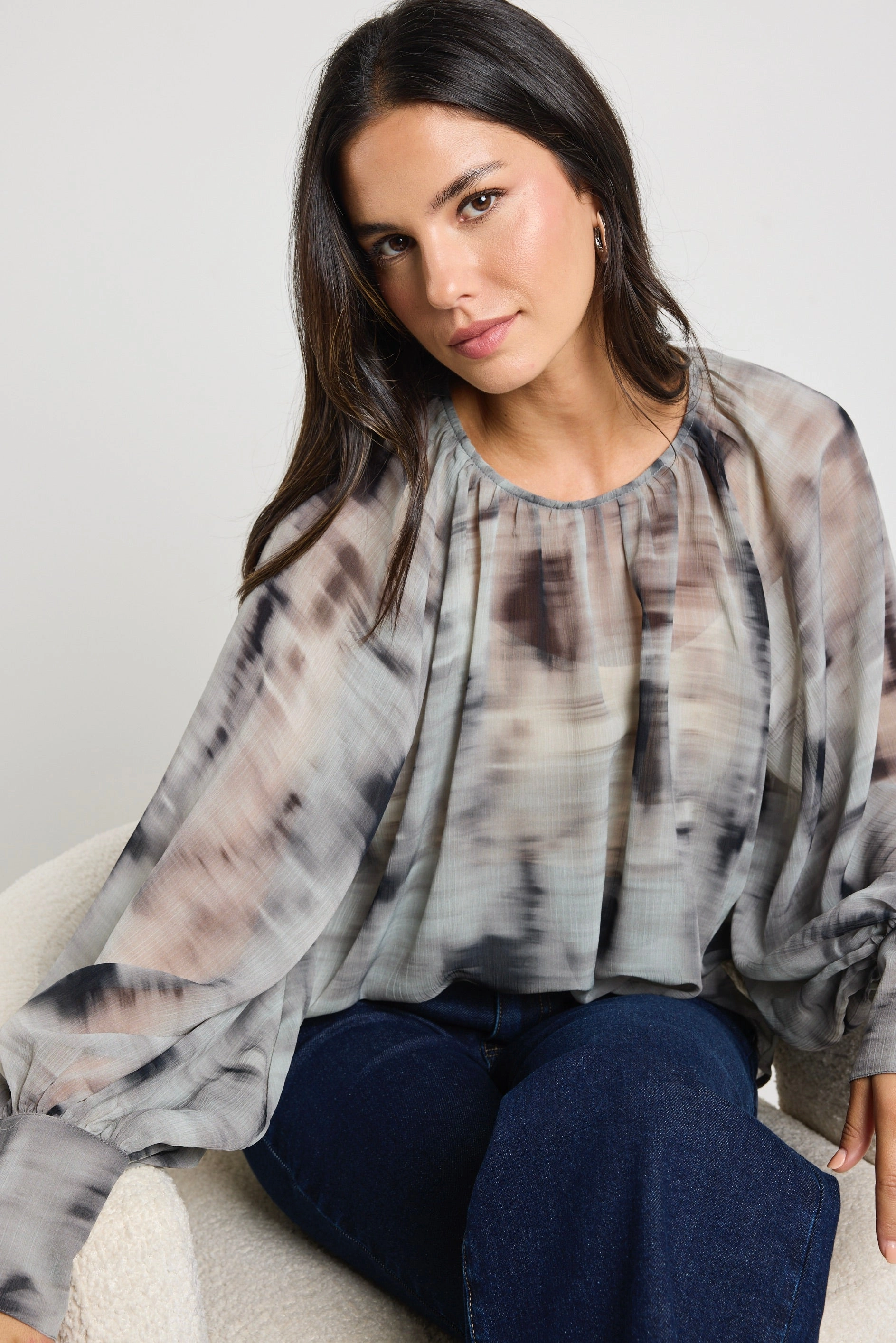 Cosmopolitan Charcoal Smudge Crew Neck Floaty LS Top HighElasticity Thread