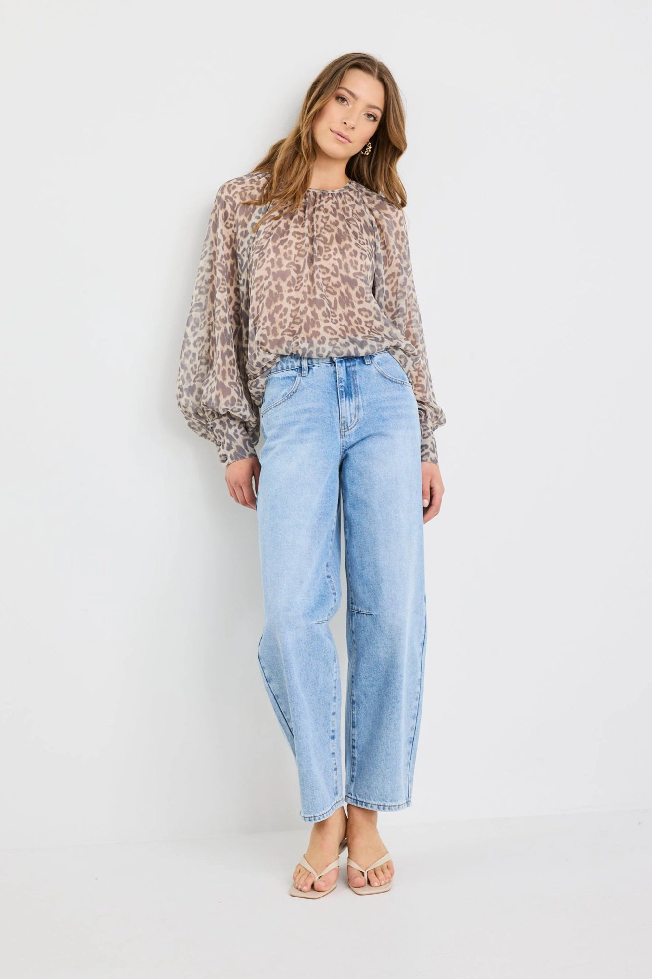 Classic Crewneck Design Cosmopolitan Leopard Print Crew Neck Floaty LS Top