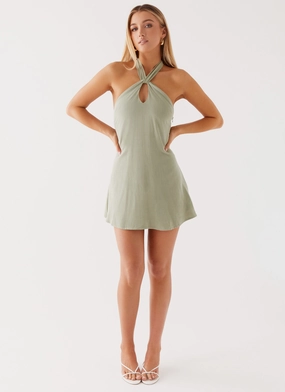 Dinner Outfit Counting Stars Linen Halterneck Dress - Sage