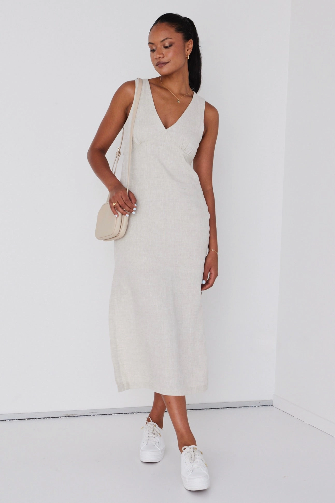 Azalea Natural Linen Sleeveless Empire Midi Dress Simple Chic Whimsical Mood