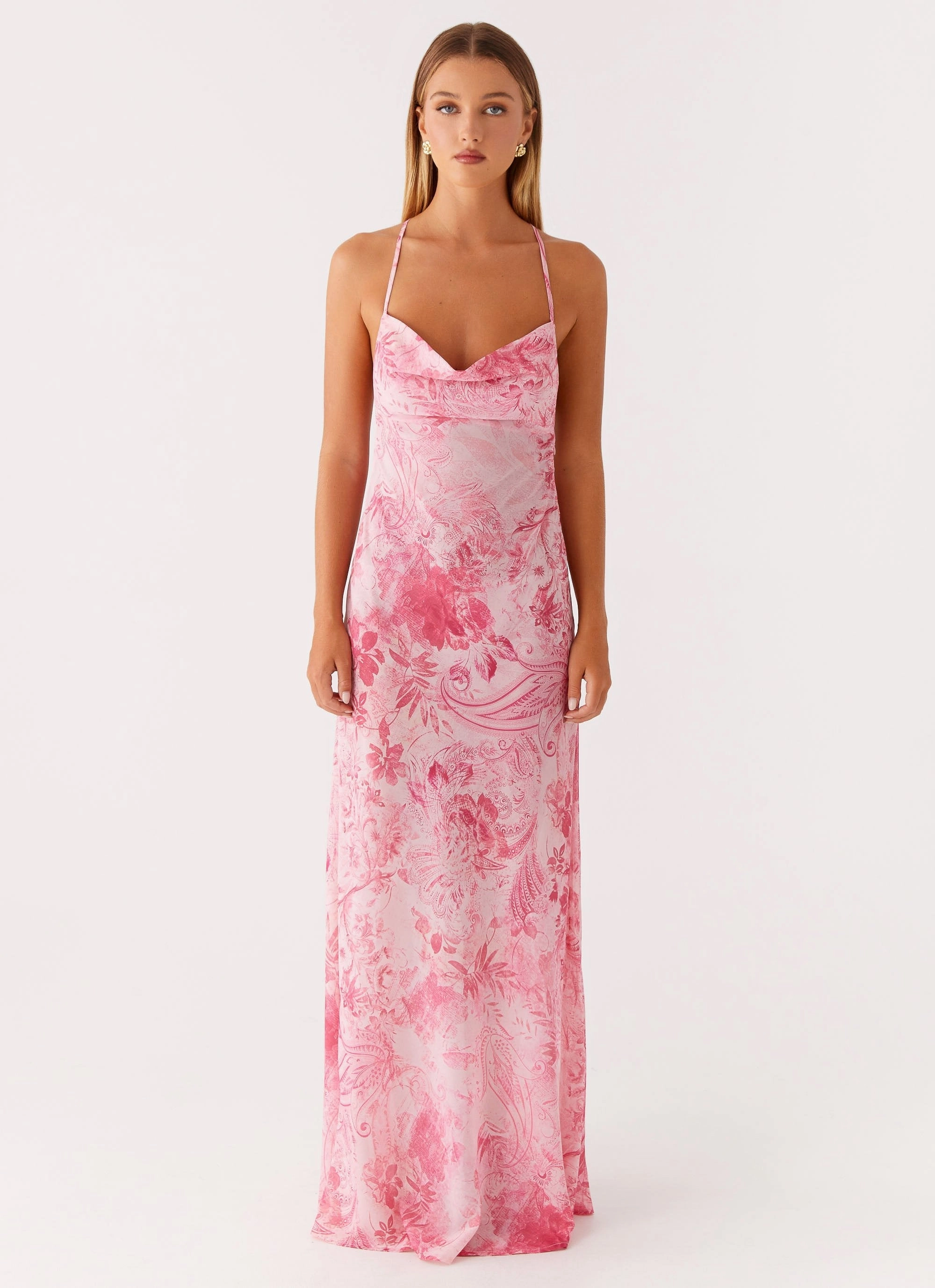 Trendy Silhouette Mesh-Sleeve Tara Maxi Dress - Pink Print