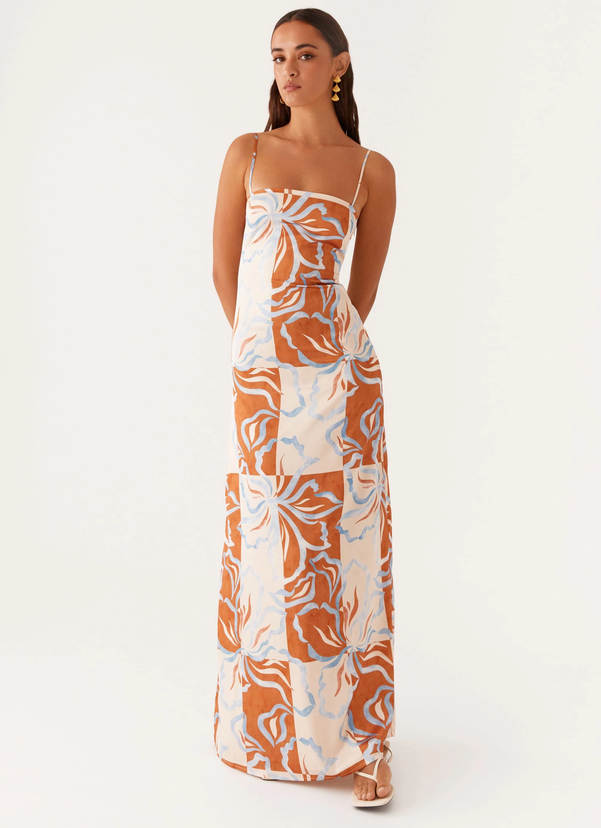Aster Bloom Maxi Dress - Orange Blue Floral Sleek Outline