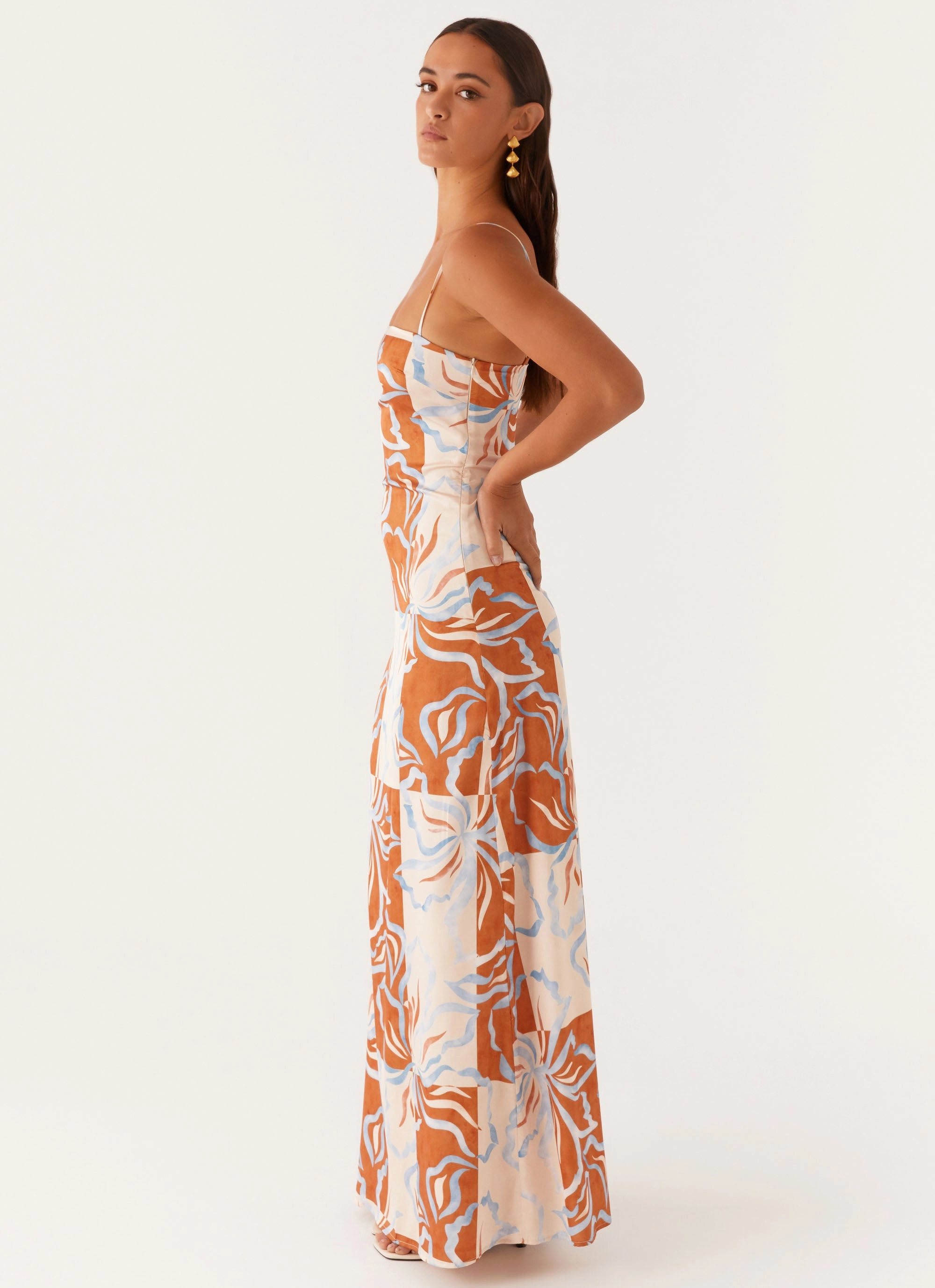 Aster Bloom Maxi Dress - Orange Blue Floral Easy Going Flow Sleeve
