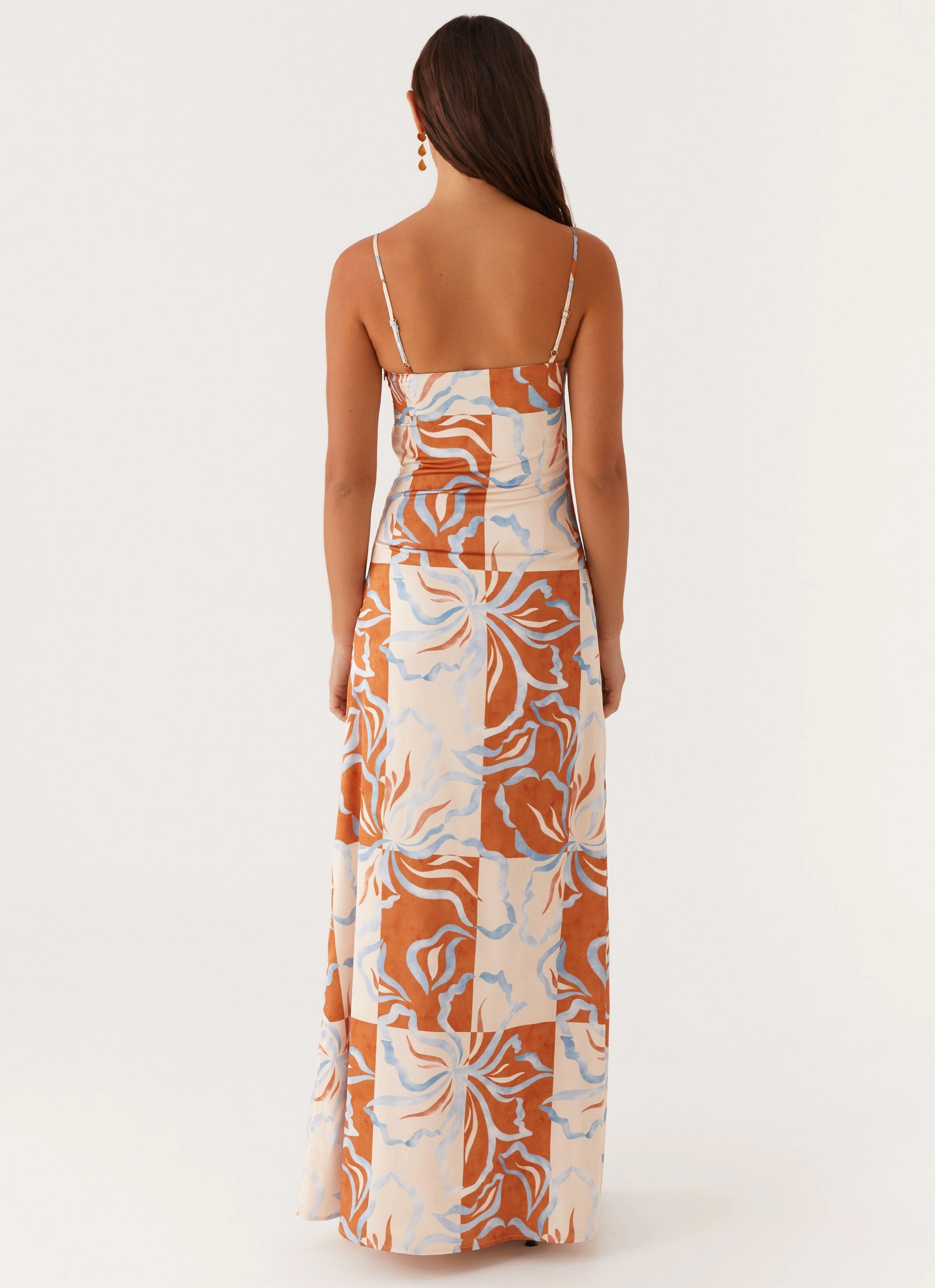 Aster Bloom Maxi Dress - Orange Blue Floral Trend Detail