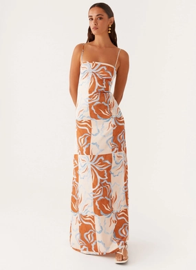 Aster Bloom Maxi Dress - Orange Blue Floral Sleek Outline