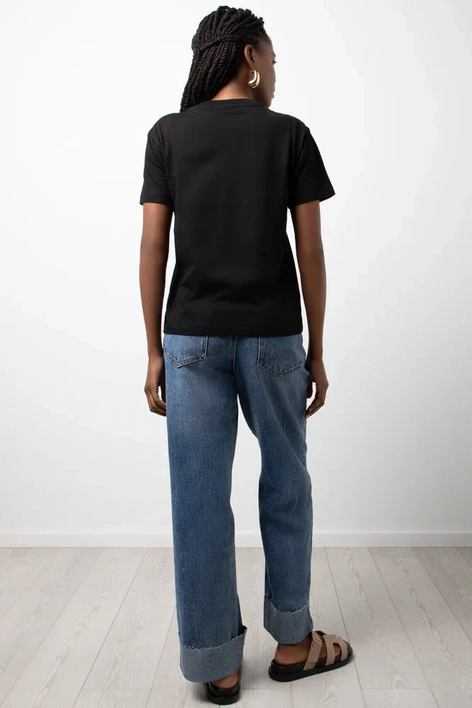 Bohemian style Denim Shirt Crew Neck Short Sleeve Regular Fit T-Shirt Black