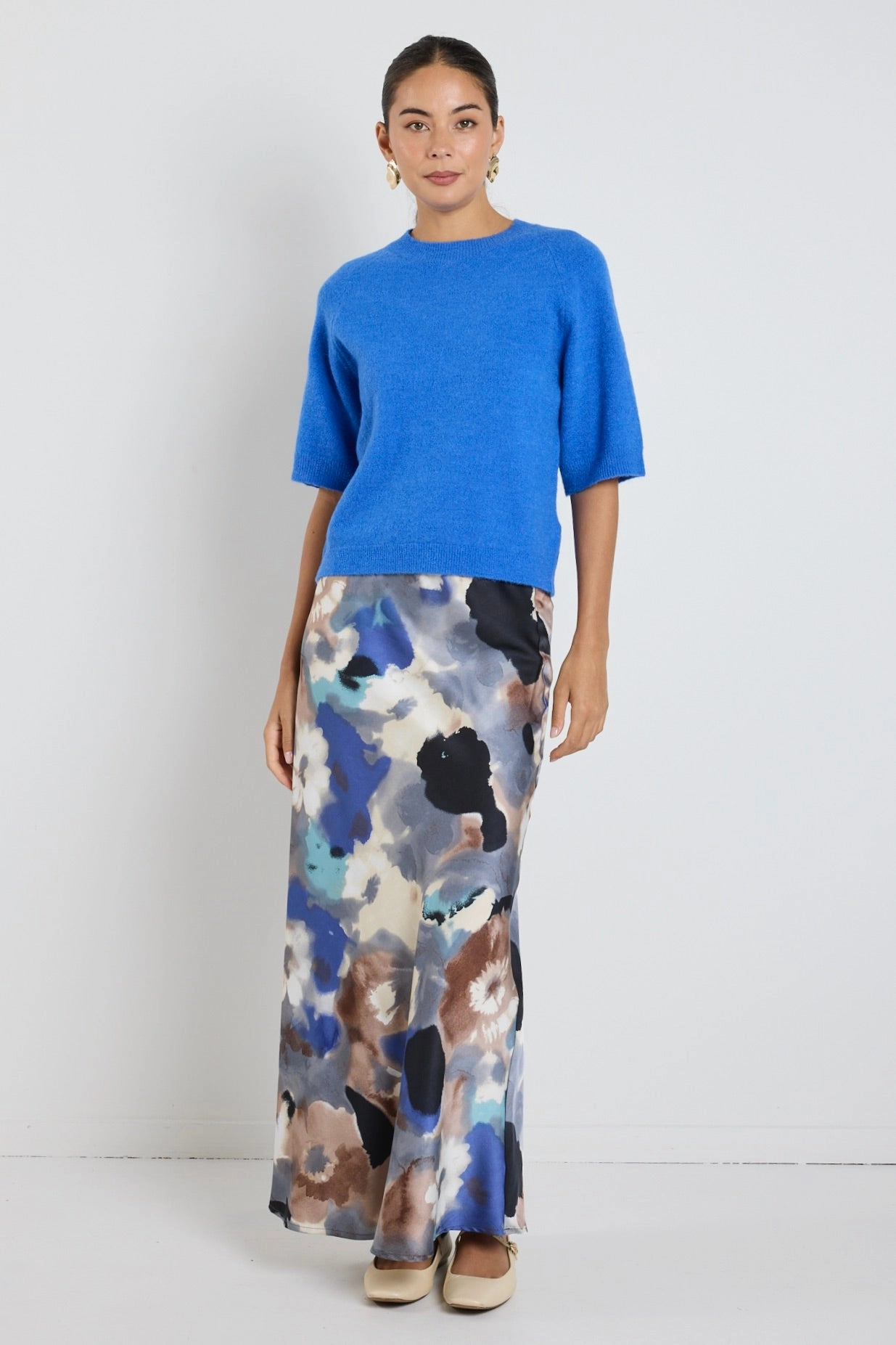 Tear Resistant Bestseller Item Frantic Navy Multi Watercolour Satin Bias Maxi Skirt