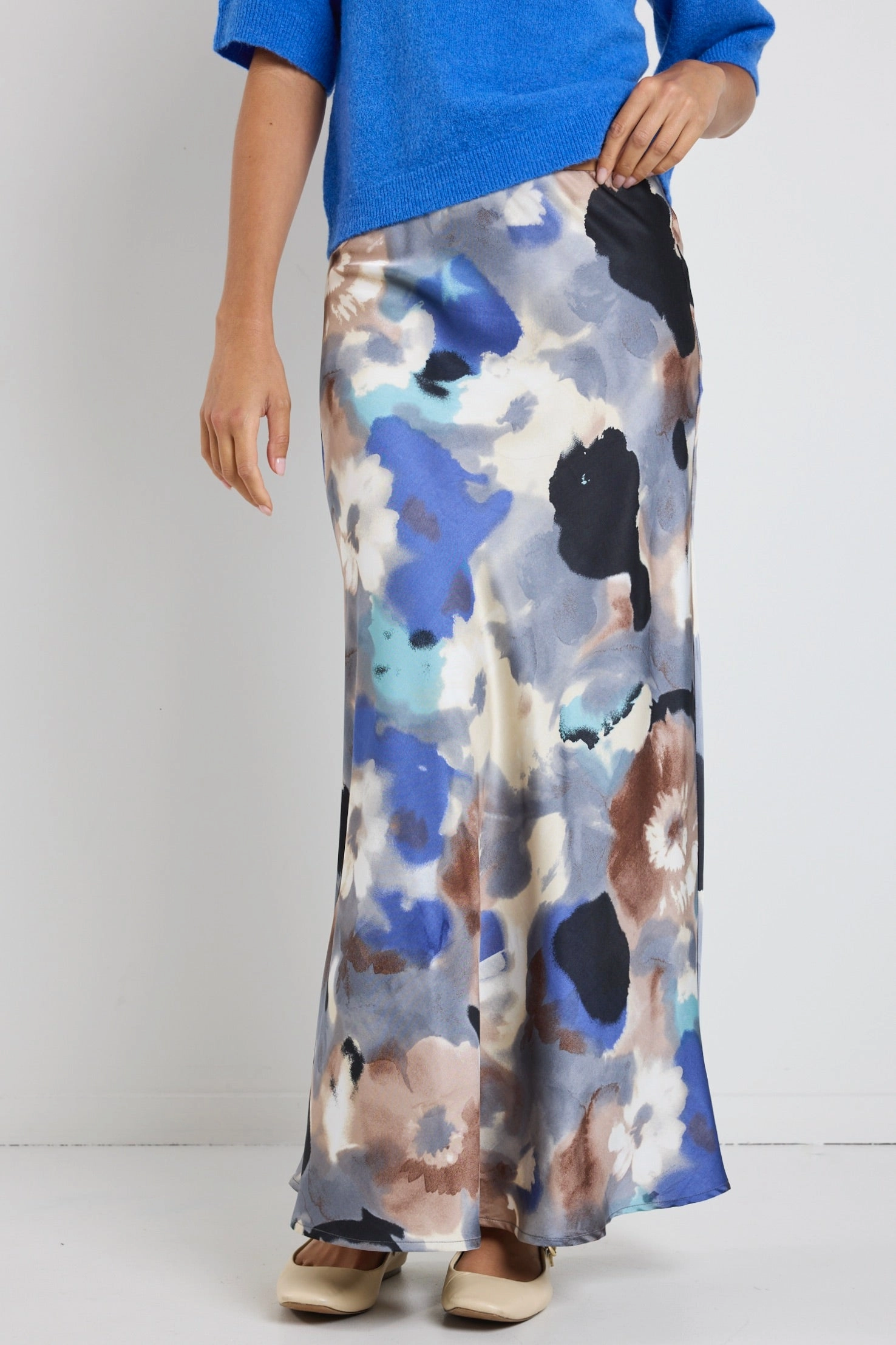 Outfit Vibes Frantic Navy Multi Watercolour Satin Bias Maxi Skirt