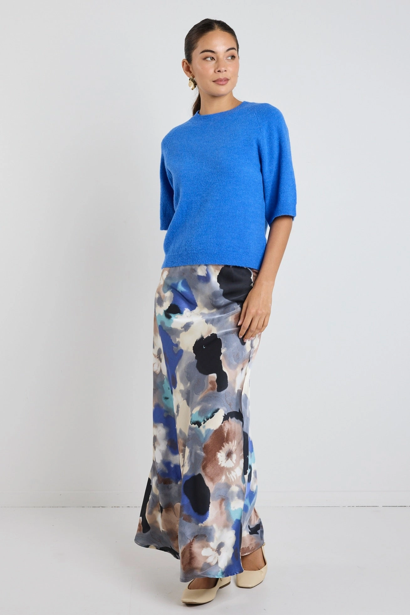 Neutral Wear Modern Details Frantic Navy Multi Watercolour Satin Bias Maxi Skirt