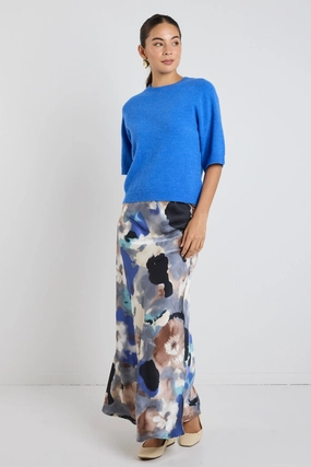 Neutral Wear Modern Details Frantic Navy Multi Watercolour Satin Bias Maxi Skirt