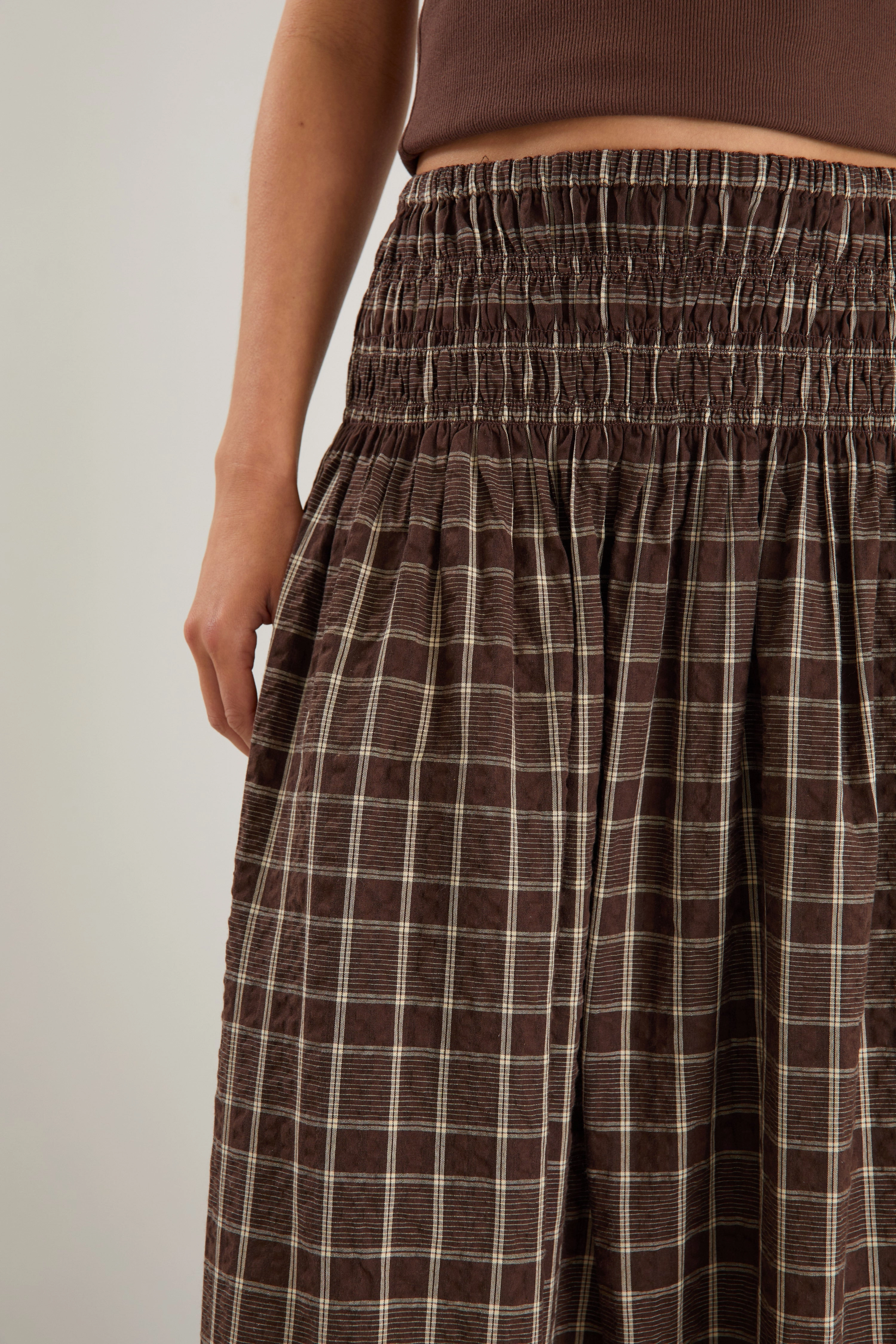 Sleek Flow Active Wear Cheerful Chocolate Gingham Shirred Waist Maxi Skirt