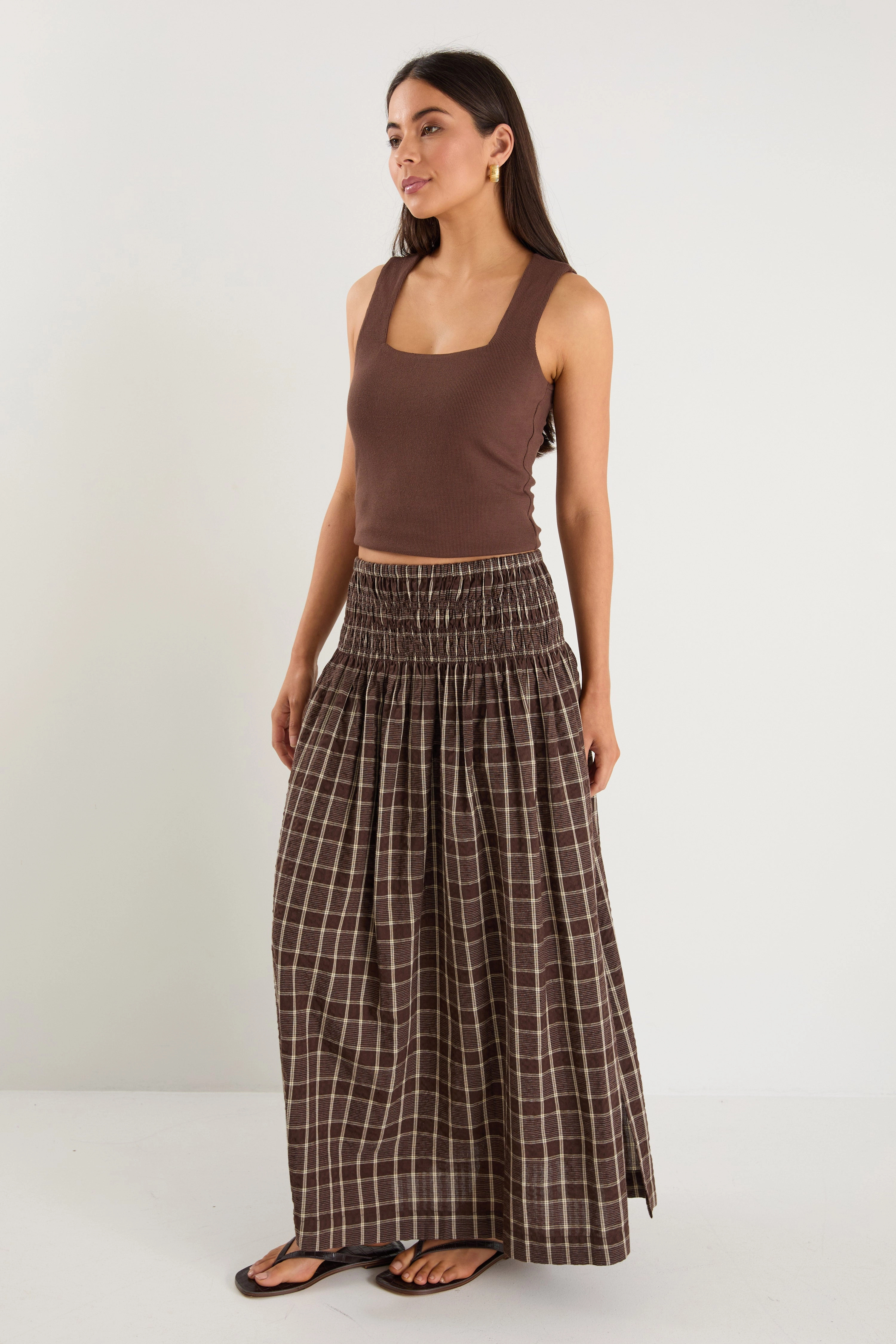 Smart Fit Chill Wear Cheerful Chocolate Gingham Shirred Waist Maxi Skirt