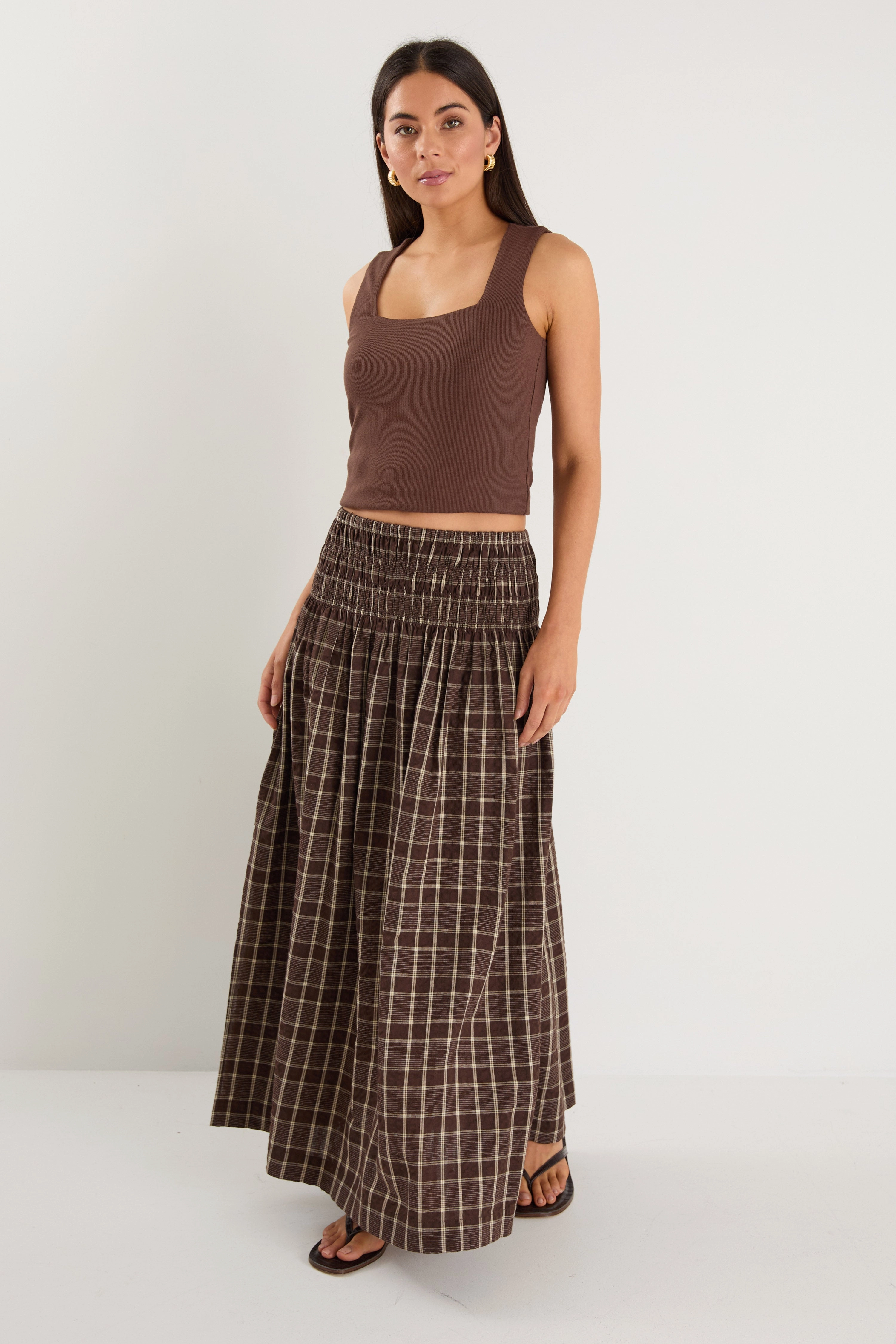 Lightwear Look Cheerful Chocolate Gingham Shirred Waist Maxi Skirt