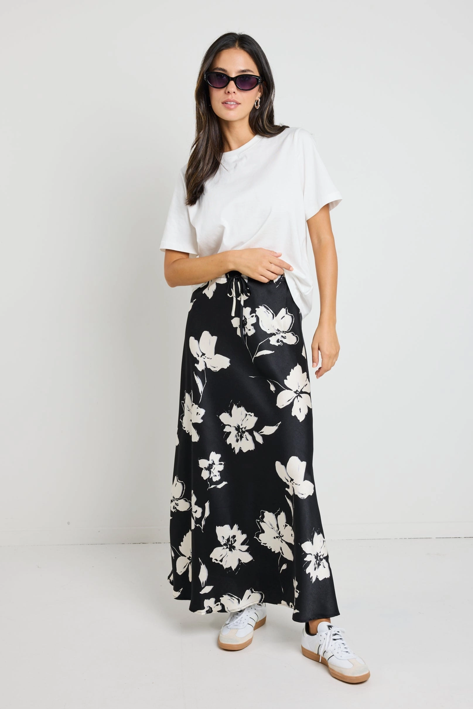 Heritage Inspired Blogger Favorite Critical Black Floral Satin Tie Waist Bias Maxi Skirt