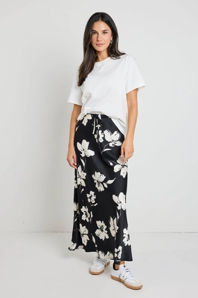 Artisan Print Critical Black Floral Satin Tie Waist Bias Maxi Skirt