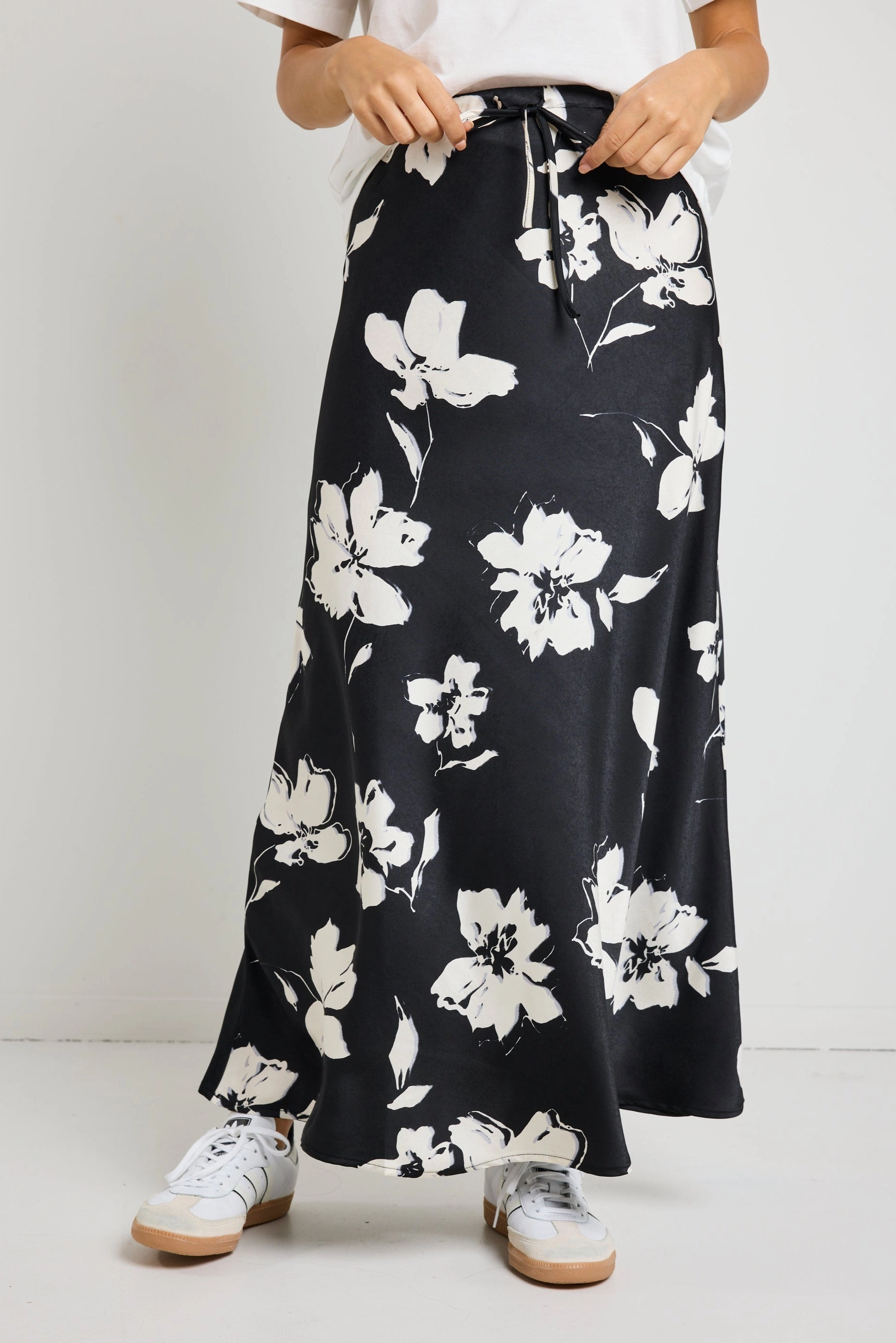 Critical Black Floral Satin Tie Waist Bias Maxi Skirt Style Staple Rolled Hem
