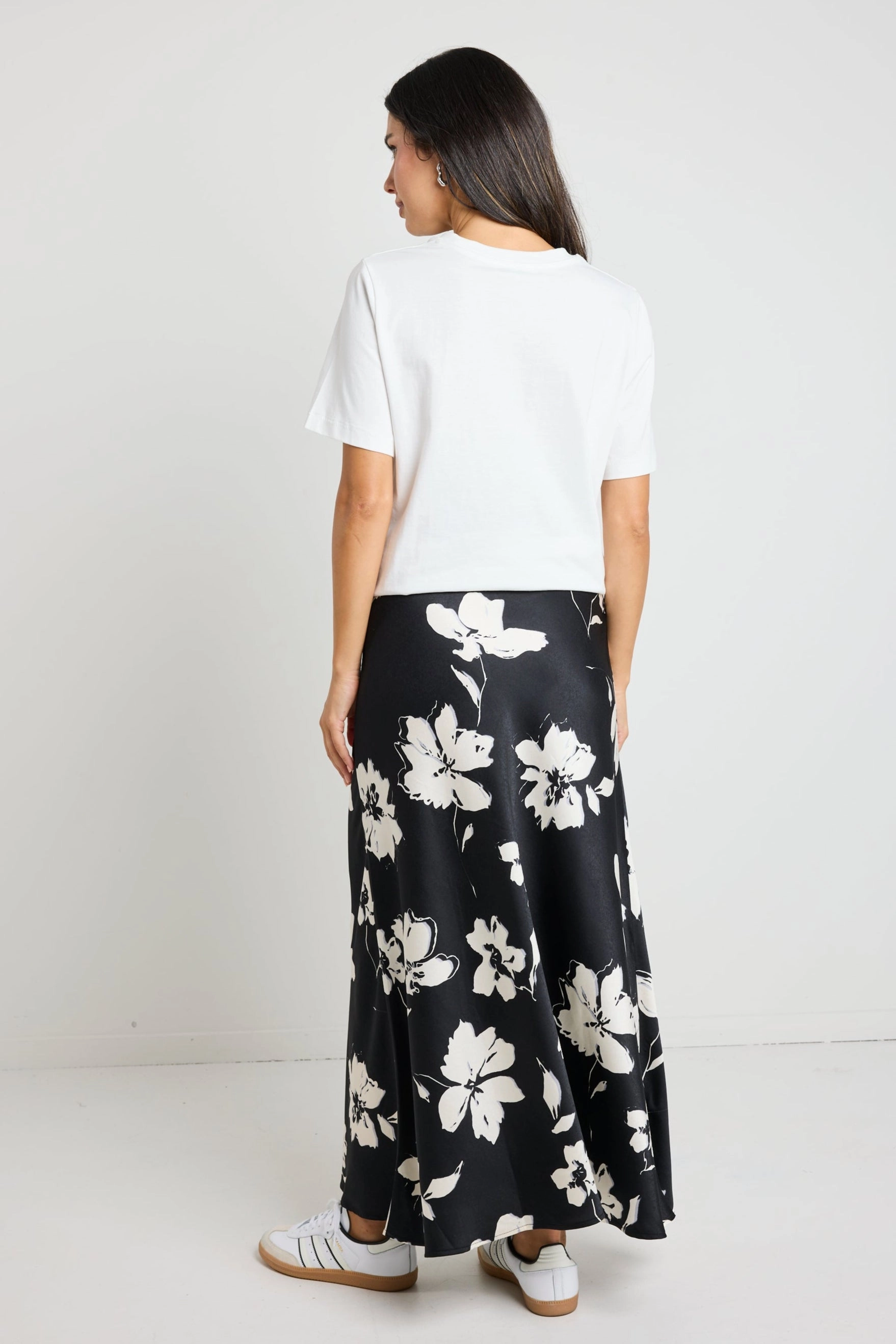 Durable Hem Critical Black Floral Satin Tie Waist Bias Maxi Skirt