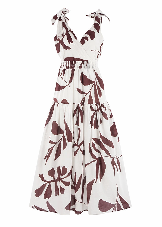 Quiet Mood Wishful Chocolate Leaves Cotton Tie Strap Tiered Maxi Dress
