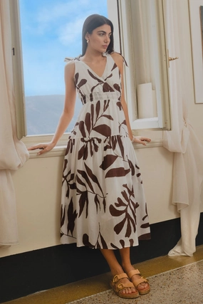 Wishful Chocolate Leaves Cotton Tie Strap Tiered Maxi Dress Subtle Elegance Multi Season