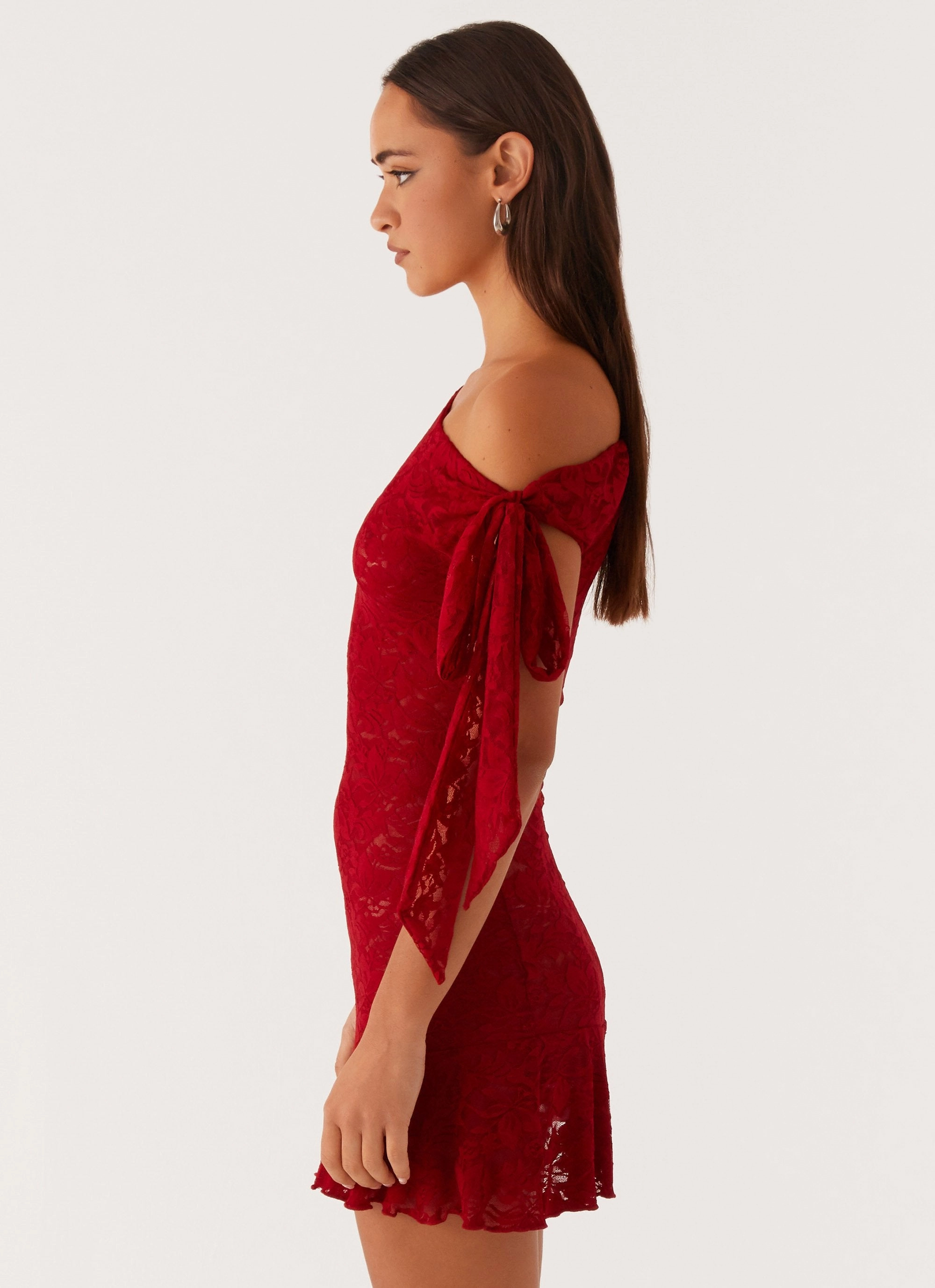 Front Detail WrinkleResistantFinish Palm House Lace Mini Dress - Red