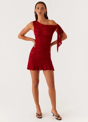 Chic Silhouette Walk Mood Palm House Lace Mini Dress - Red