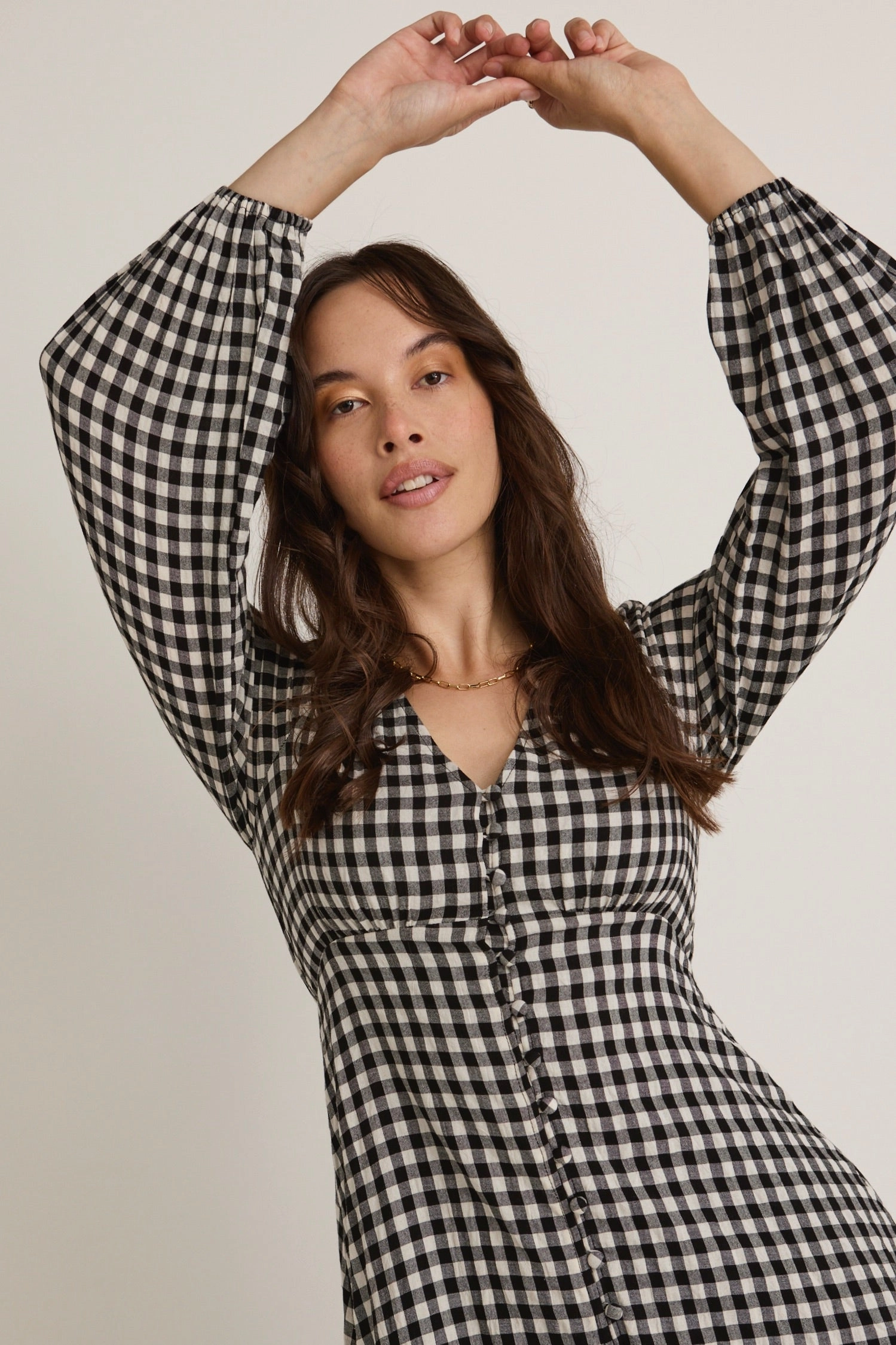 Damsel Black Gingham LS Button Front Midi Dress Comfy Fit Wear