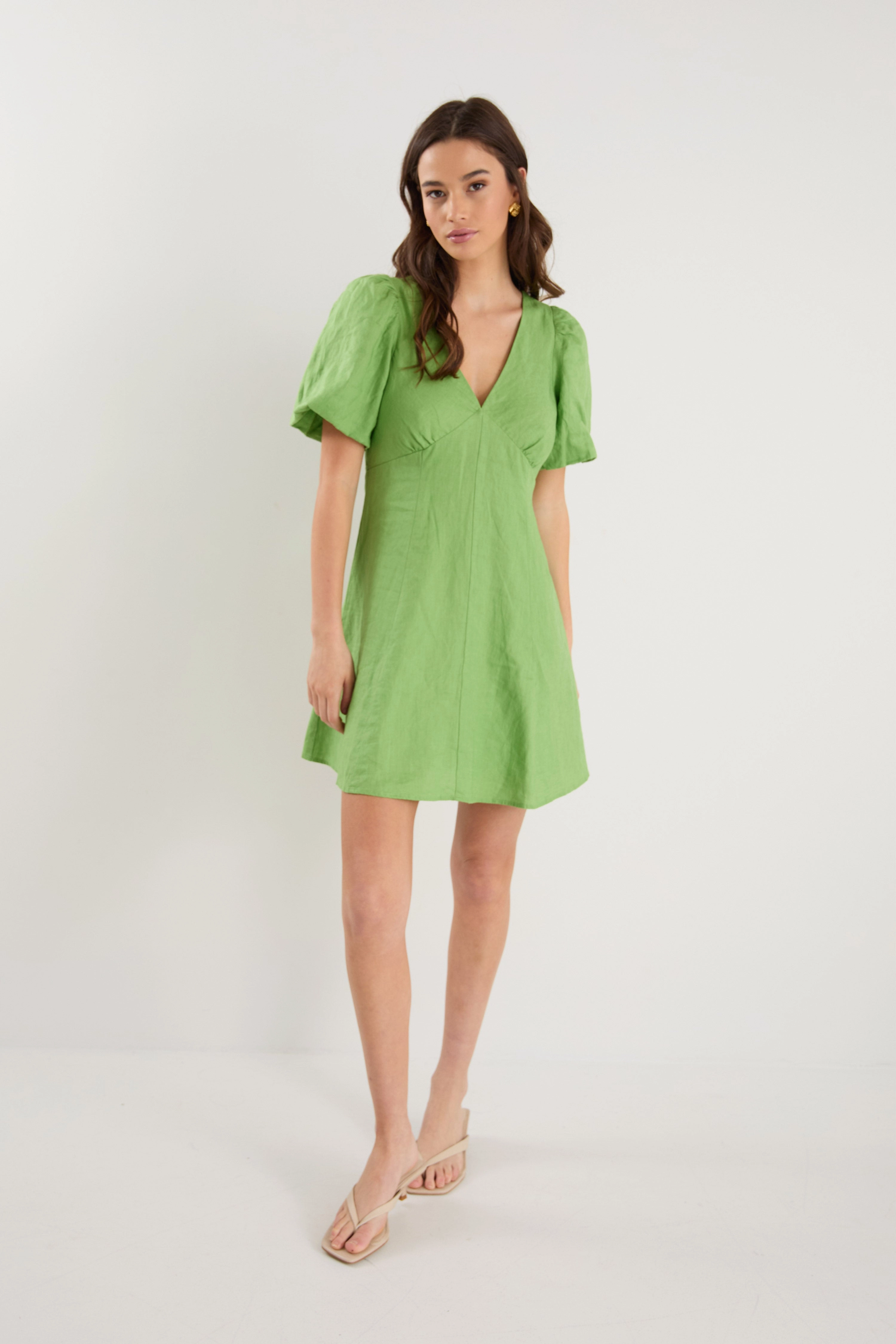Loose Flow Unisex Option Adelaide Apple Linen Puff Sleeve Panelled Mini Dress