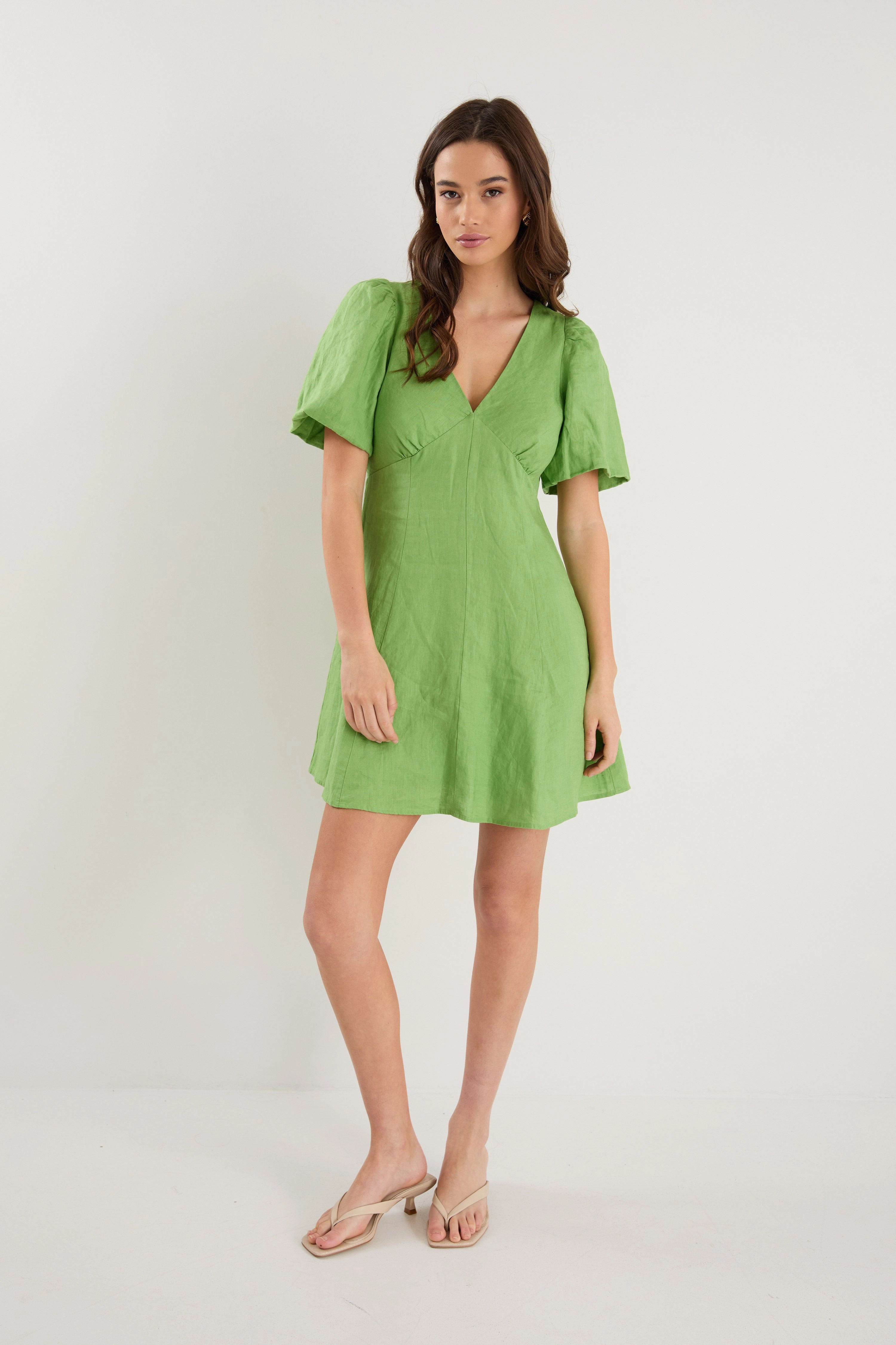 Warm Palette Clean Outline Adelaide Apple Linen Puff Sleeve Panelled Mini Dress