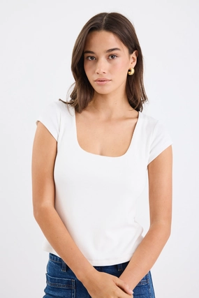 Definitive Ivory Cap Short Sleeve Square Neck Stretch Top Reinforced Neckline Detail