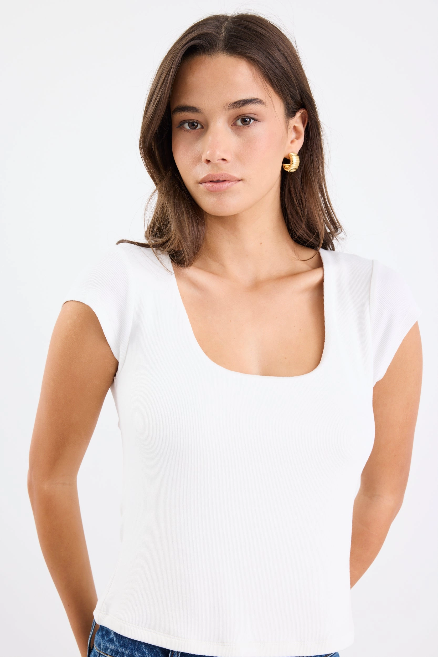 Definitive Ivory Cap Short Sleeve Square Neck Stretch Top SeamlessKnitConstruction