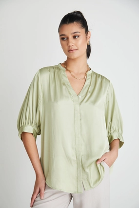 Deity Sage Satin Button Through Puff Sleeve Ss Blouse Tailored Silhouette AllPurposeWear