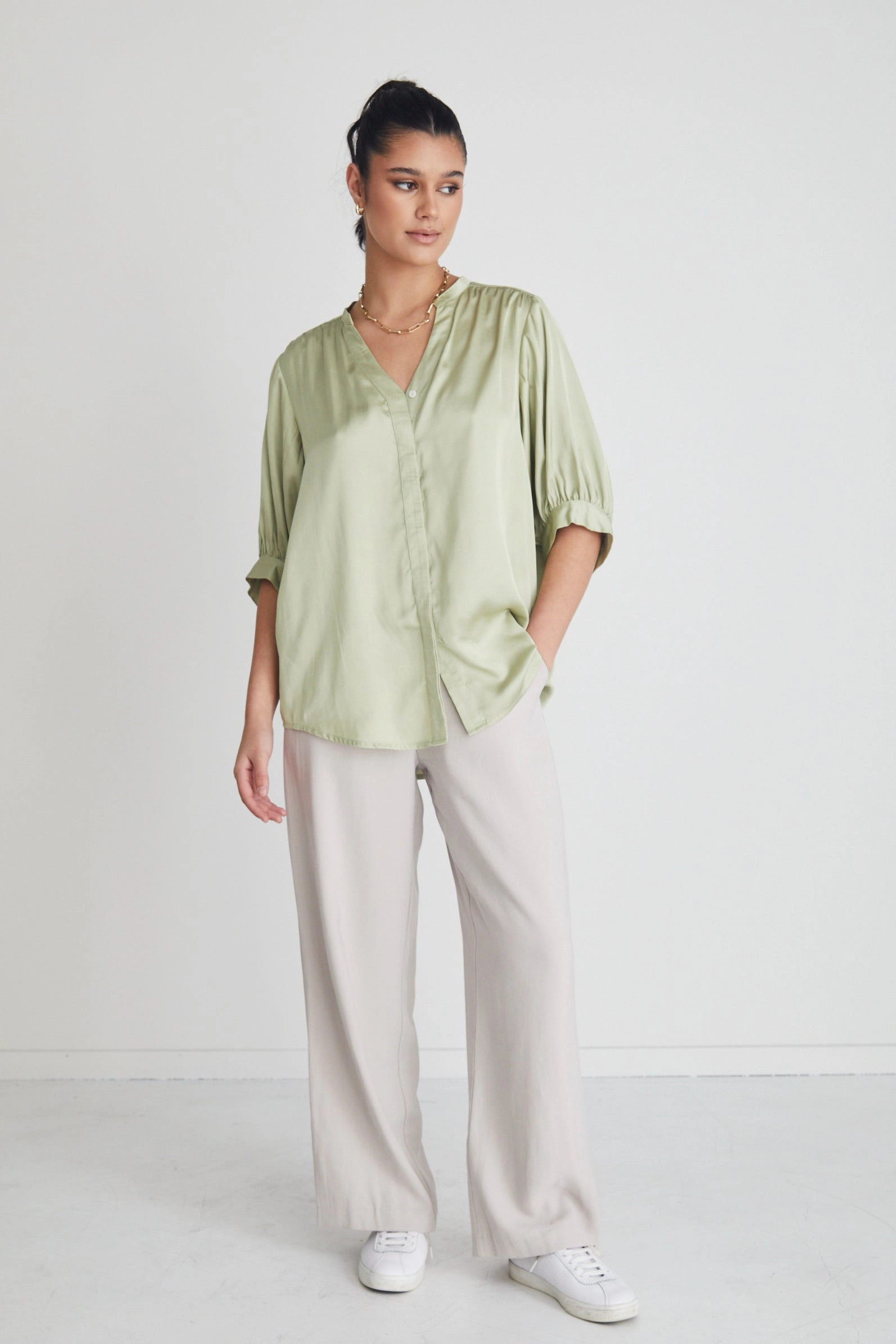 Adjustable Hemline Double Stitched Seams Deity Sage Satin Button Through Puff Sleeve Ss Blouse