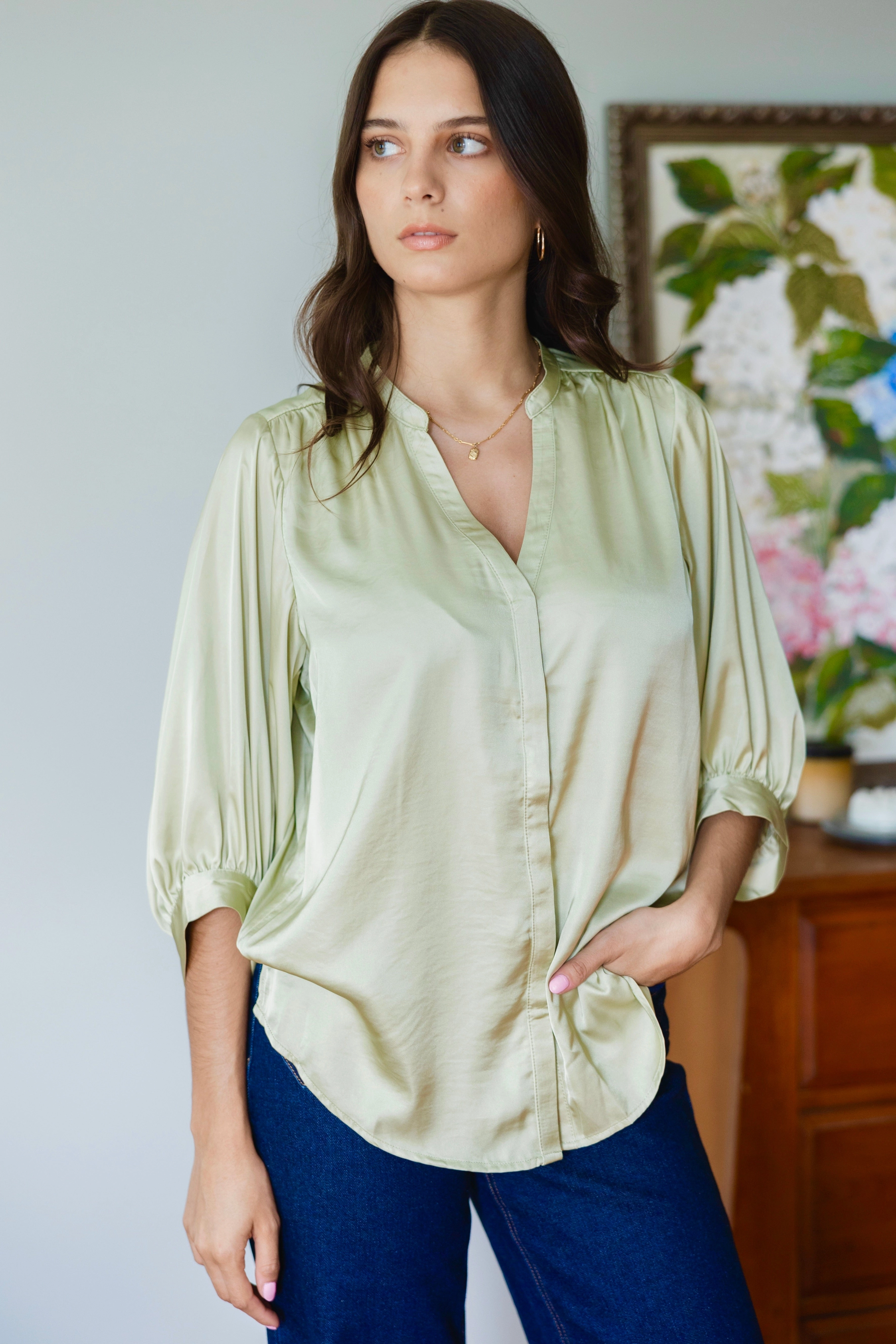 Yarn Dyed Fabric Deity Sage Satin Button Through Puff Sleeve Ss Blouse