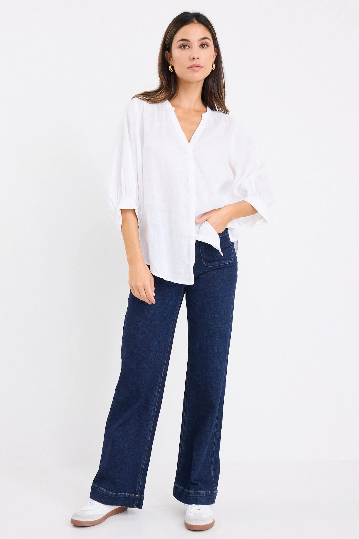 Deity White Linen Button Through Puff Sleeve Ss Blouse Reverseble Design UltraSoftLining