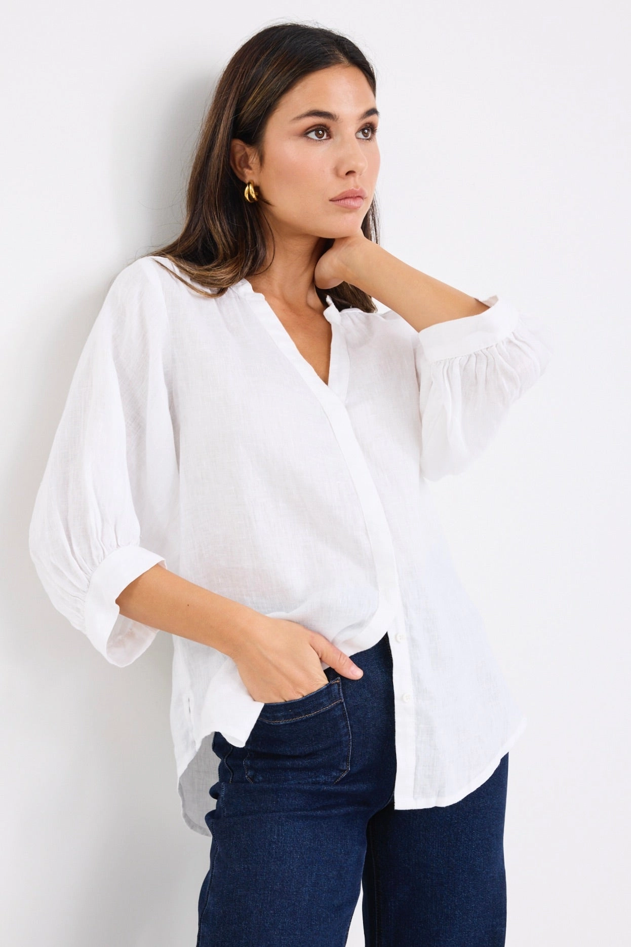 Deity White Linen Button Through Puff Sleeve Ss Blouse FrictionResistant Fabric
