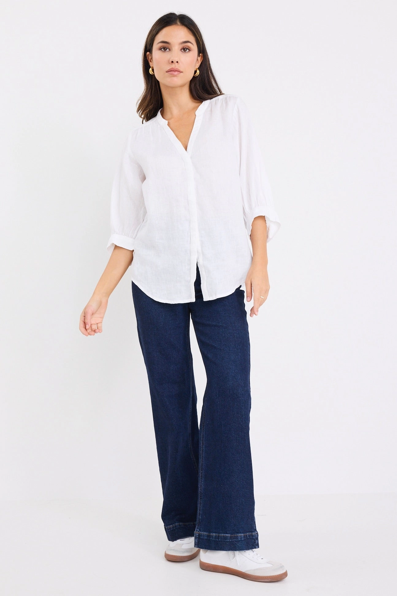 Wrinkle Free Texture Non Iron Fabric Deity White Linen Button Through Puff Sleeve Ss Blouse
