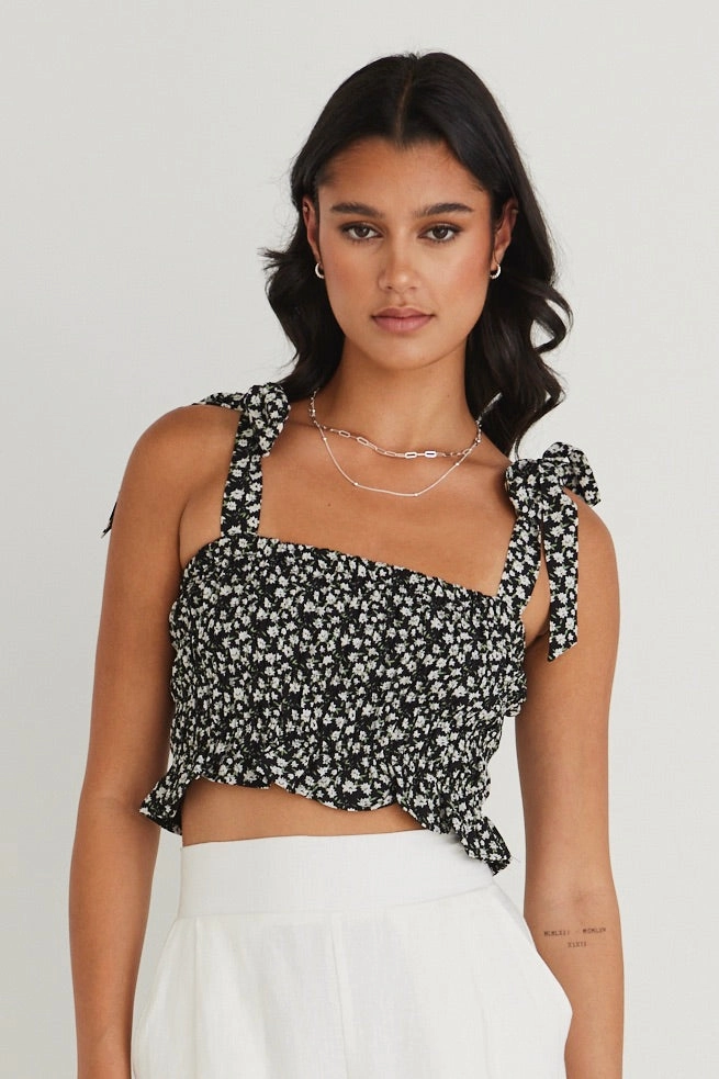 Delicious Black Ditsy Floral Shirred Cami Top Tubular Body Construction