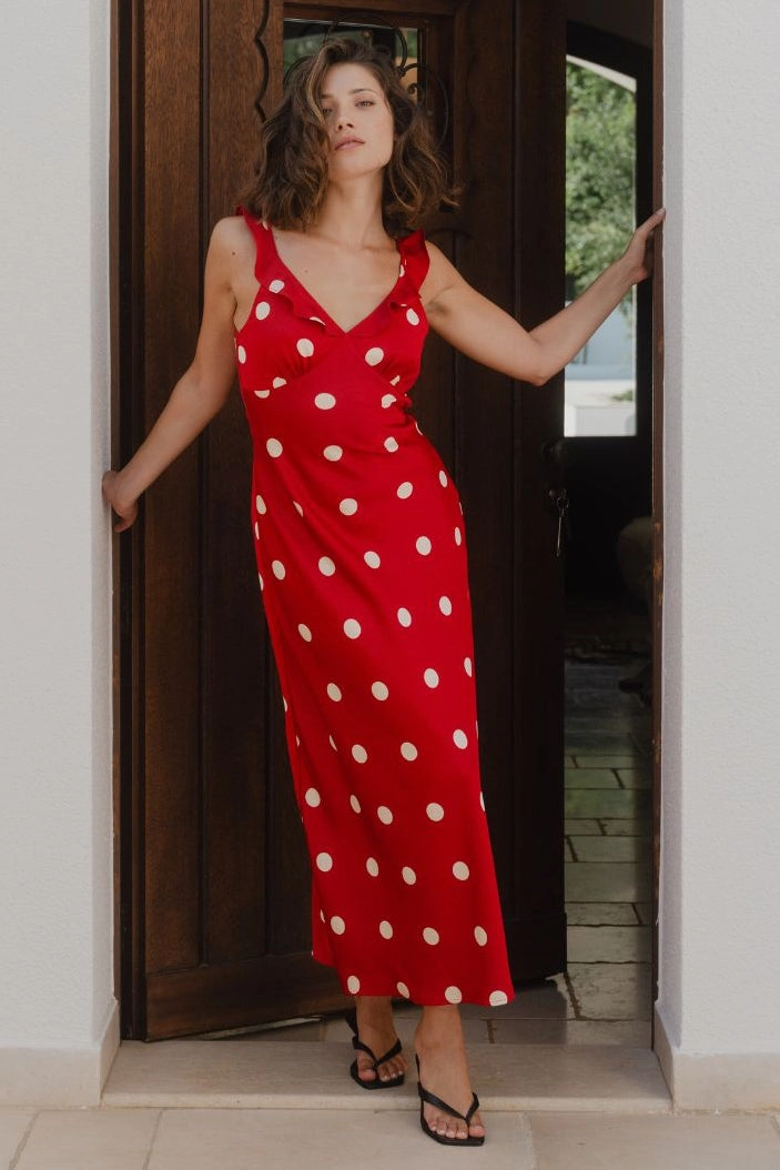 Happy Glow Delightful Cherry Polka Dot Satin Bias Slip Maxi Dress