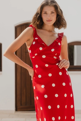 Delightful Cherry Polka Dot Satin Bias Slip Maxi Dress Calm Texture confident look