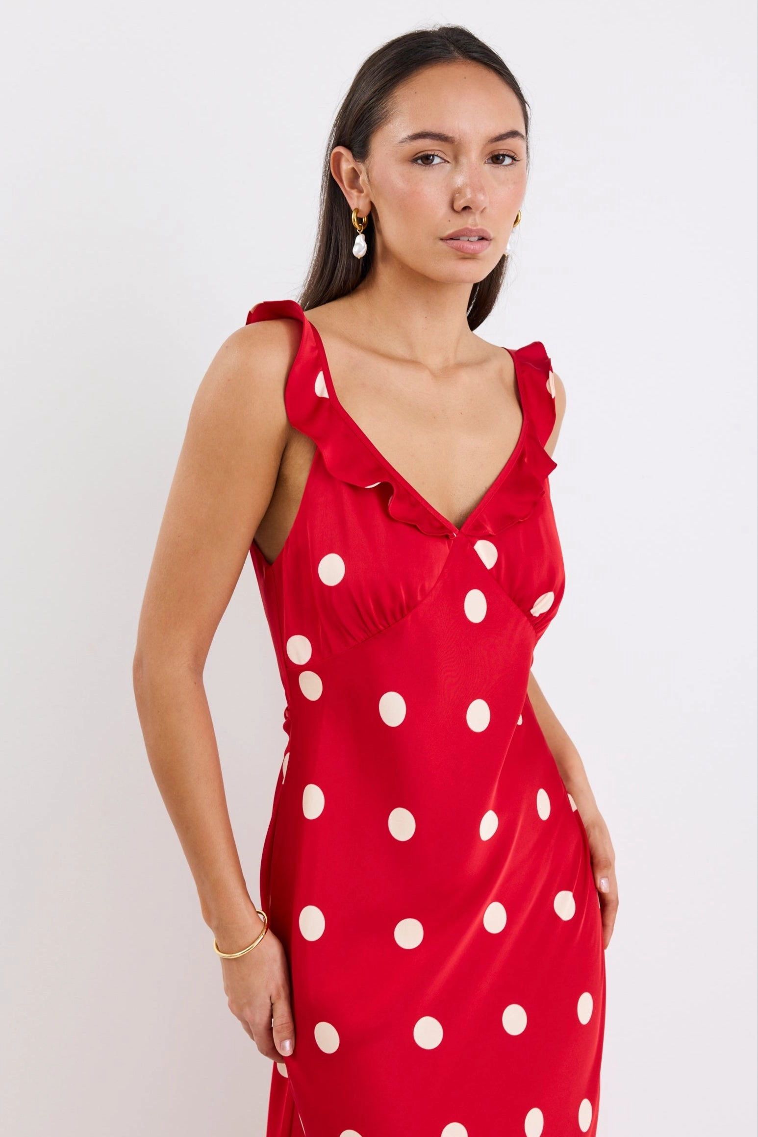 Feminine Movement Delightful Cherry Polka Dot Satin Bias Slip Maxi Dress