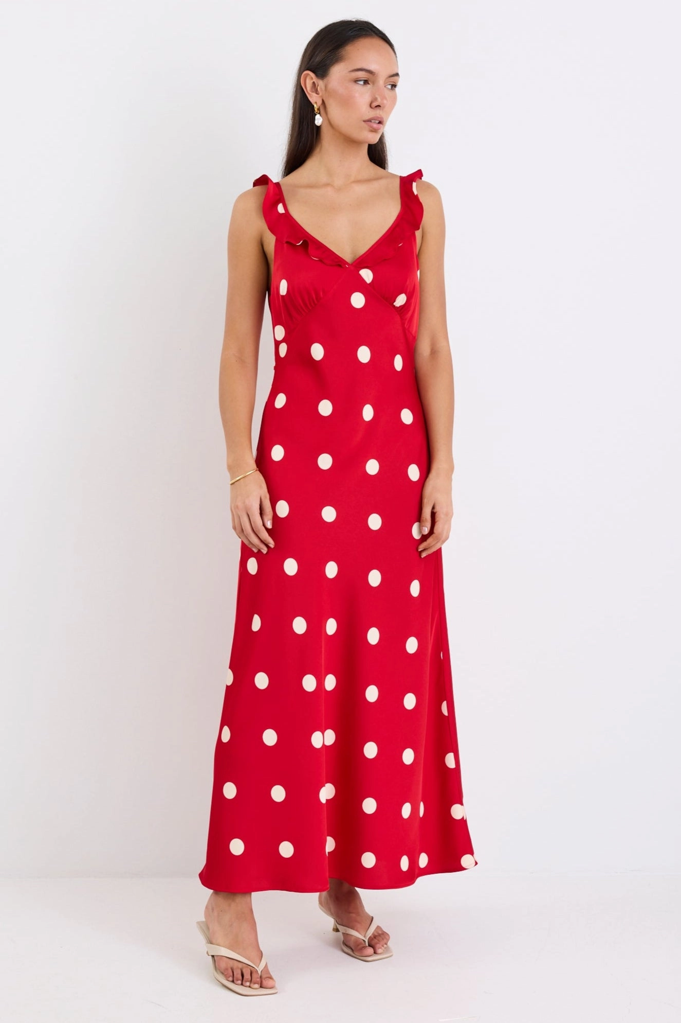 Bless Touch Delightful Cherry Polka Dot Satin Bias Slip Maxi Dress