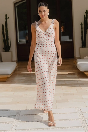 WrinkleResistantFinish Soft Curve Delightful Cream Cherry Polka Dot Georgette Bias Slip Maxi Dress