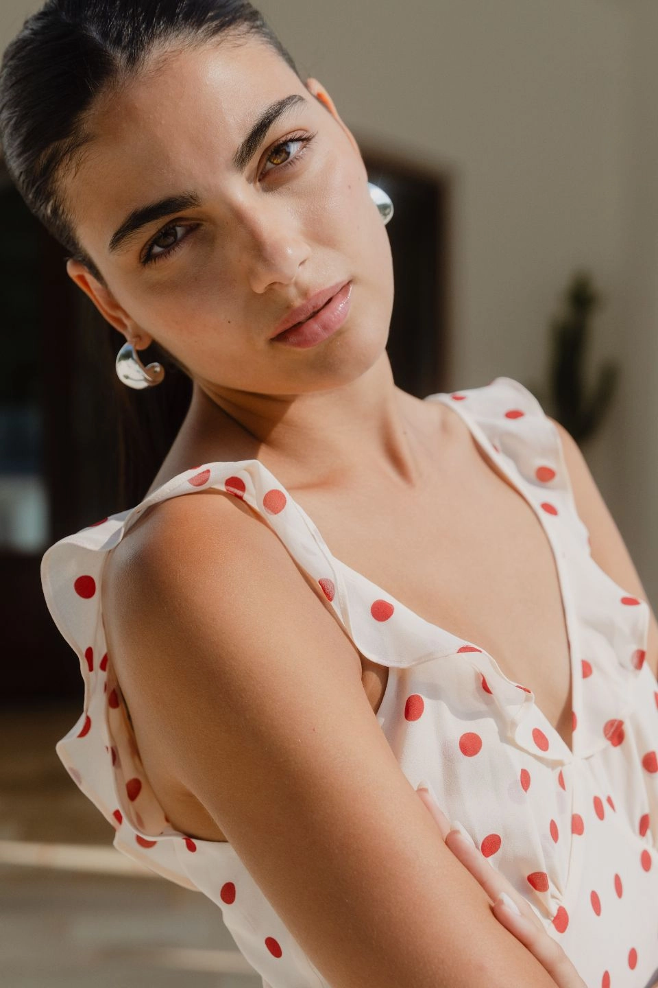 Wide Hemline Polished and Elegant Delightful Cream Cherry Polka Dot Georgette Bias Slip Maxi Dress