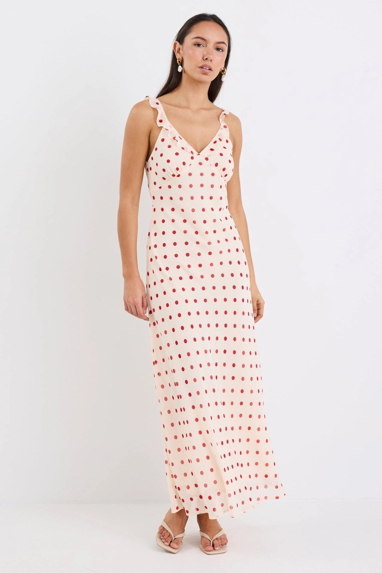 All-Day Fit Delightful Cream Cherry Polka Dot Georgette Bias Slip Maxi Dress