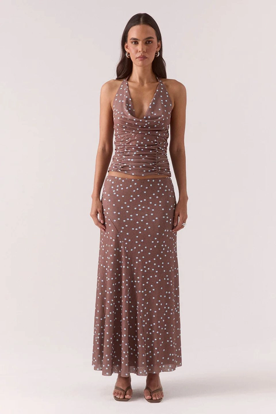 Delilah Mocha Polka Dot Maxi Skirt Soft Styling Aesthetic Fit